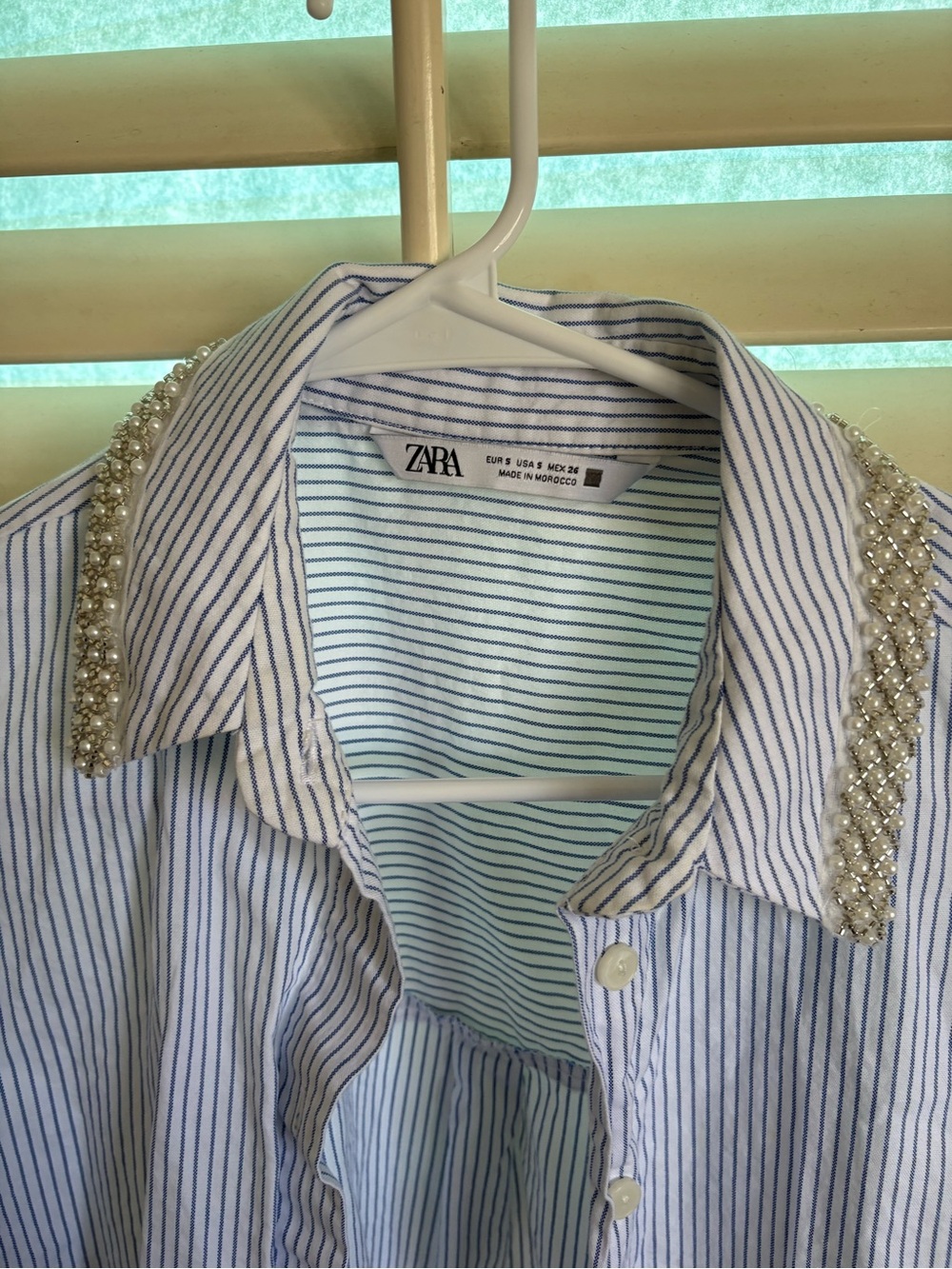 ZARA women's Light Blue and White Striped Beaded-Collar Button-Down Shirt